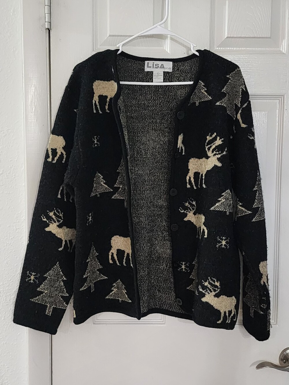 Lisa International Vintage Boiled Wool Reindeer Christmas Tree Cardigan L